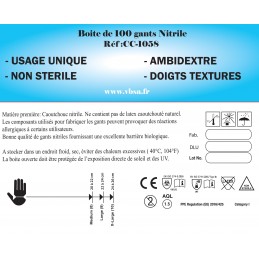 Back of the box with regulation powder-free nitrile gloves from VBSA France