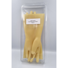 Honey-coloured natural latex gloves with non-contoured cuff.