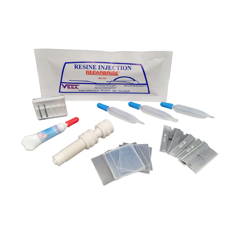 Pack de consommable spécial REPARBRISE pour réparation impact, contenant résine ,injecteur, lames, forets chez VBSA Pack de consommable spécial REPARBRISE pour réparation impact, contenant résine ,injecteur, lames, forets chez VBSA