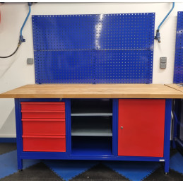 Blue and red workbench with wooden top and grid for second choice blue accessory support - VBSA France