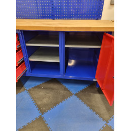 Blue and red workbench with wooden top and grid for second choice blue accessory support - VBSA France