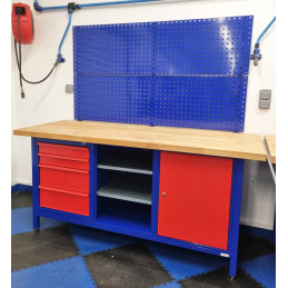 Blue and red workbench with wooden top and grid for second choice blue accessory support - VBSA France