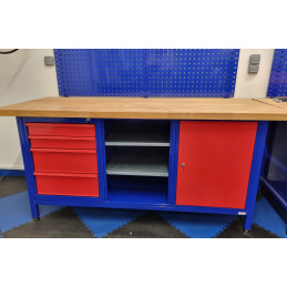 Blue and red workbench with wooden top and grid for second choice blue accessory support - VBSA France