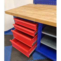 Blue and red workbench with wooden top and grid for second choice blue accessory support - VBSA France