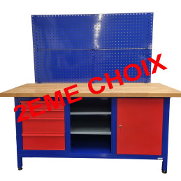 Blue and red workbench with wooden top and grid for second choice blue accessory support - VBSA France